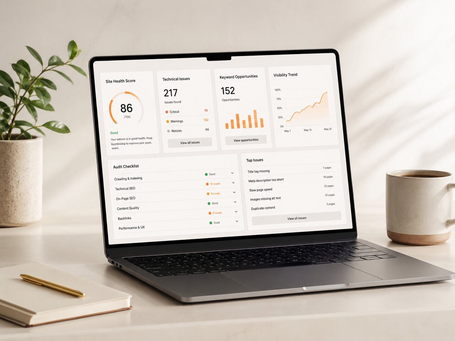 SEO audit dashboard and analytics